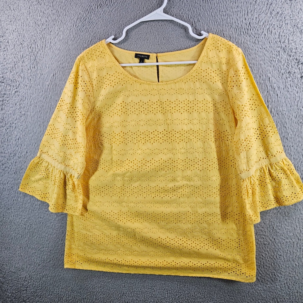 Talbots Womens Yellow Eyelet Ruffle Sleeve Cotton Blouse Top Size L